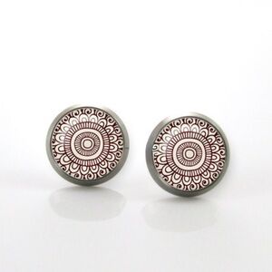 Glass Earrings Handmade.  Brown and white floral design.